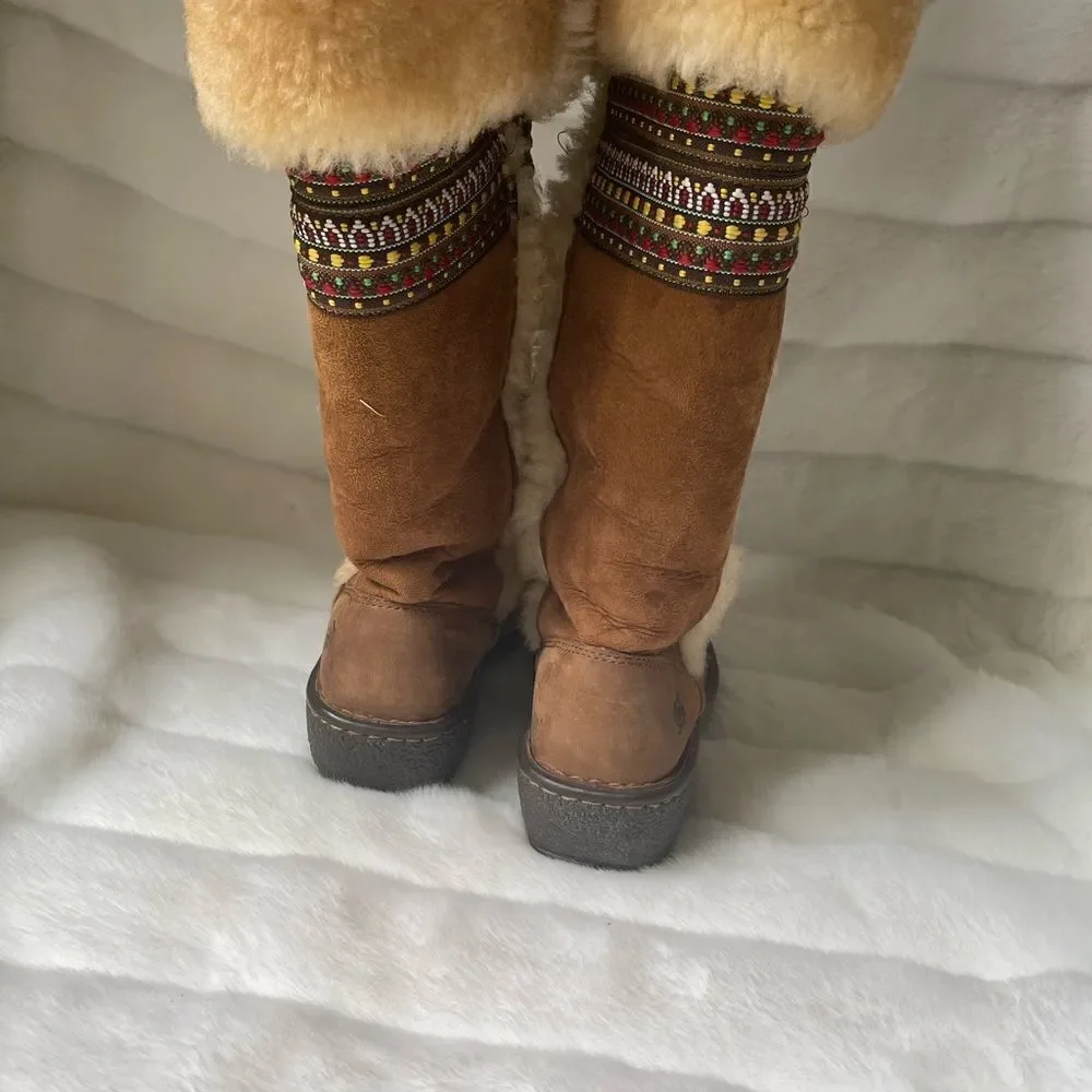 Born leather suede tan boots shearling fur lined multi color ribbon appliqué SZ6